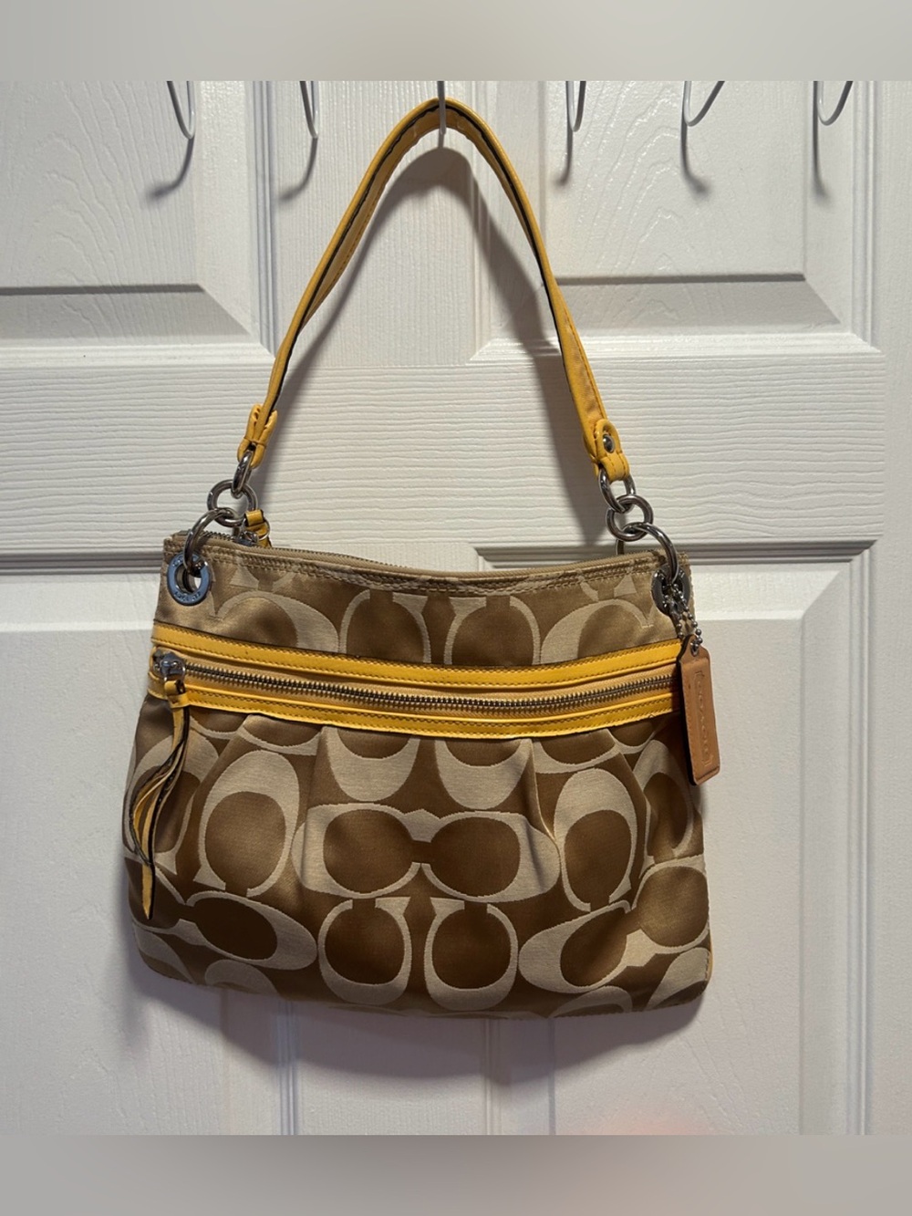 Coach Signature C Jacquard shoulder bag w yellow leather accent.  EUC